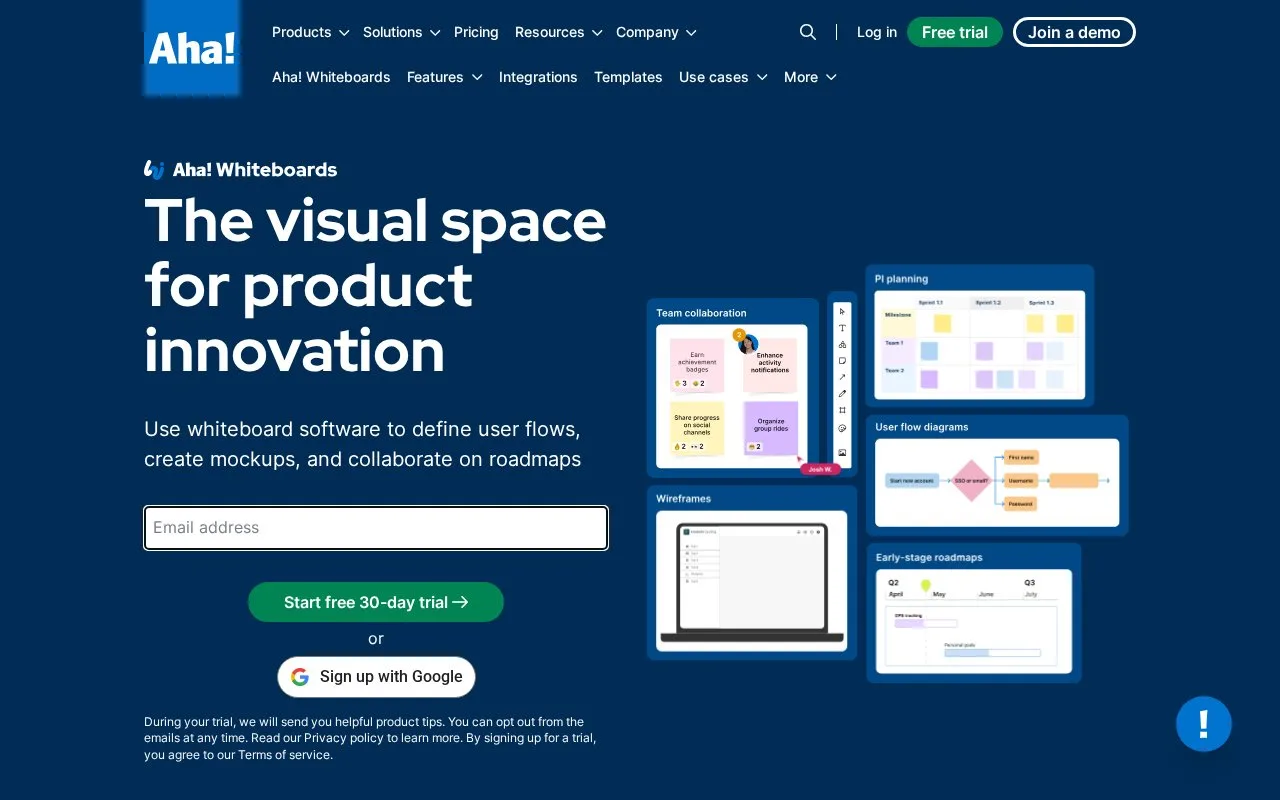 Screenshot of the Aha! Whiteboards homepage