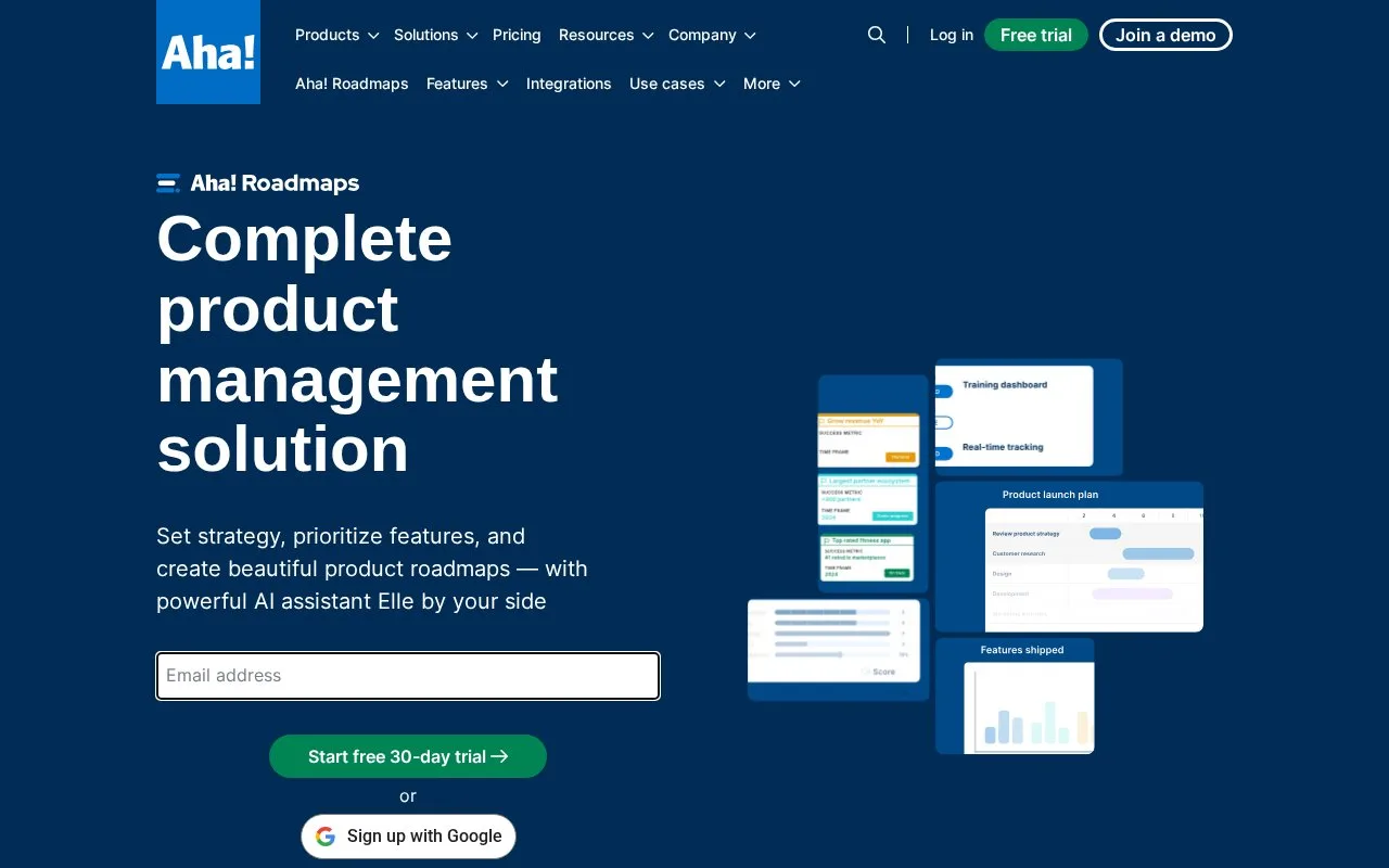 Screenshot of the Aha! Roadmaps homepage