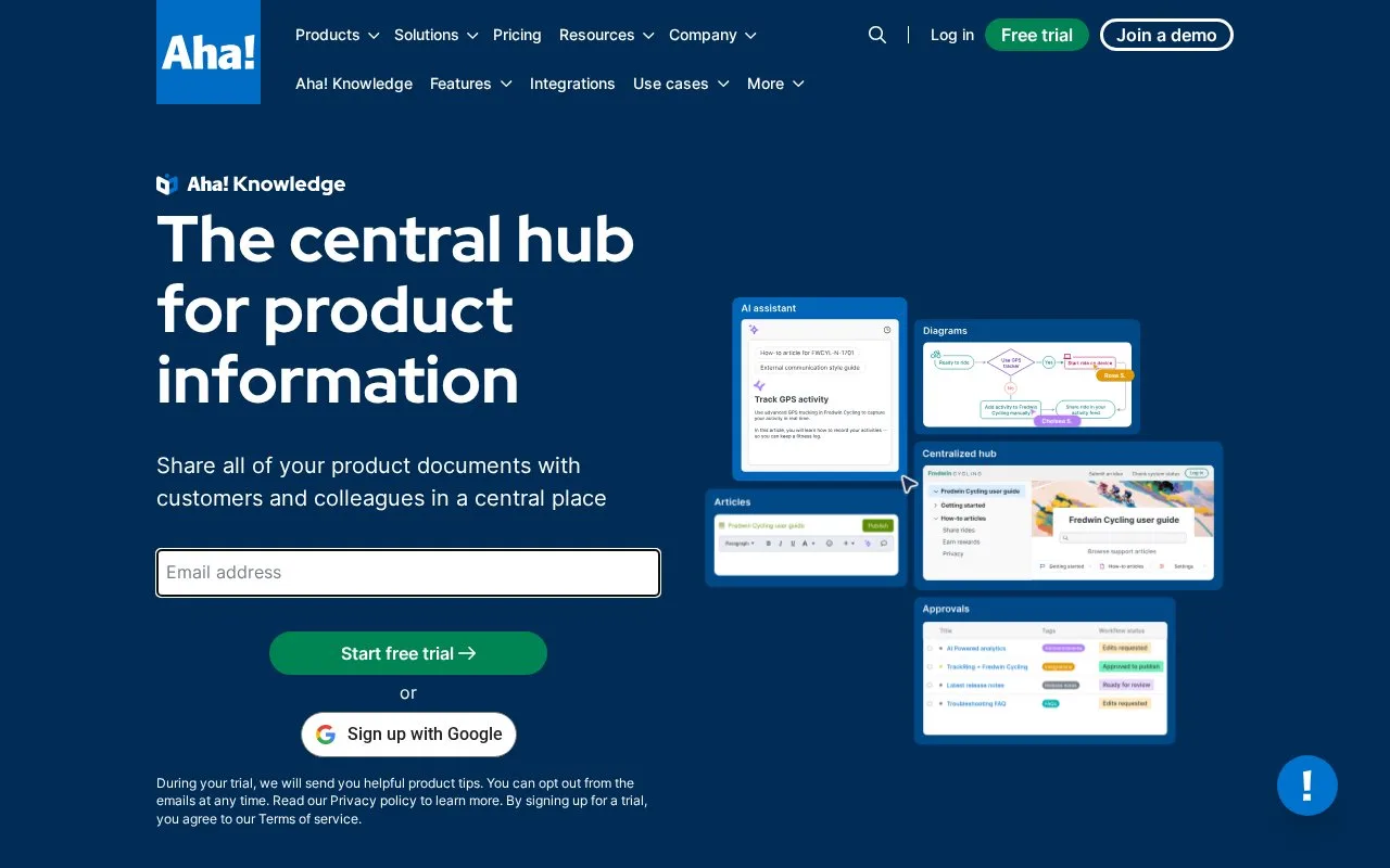 Screenshot of the Aha! Knowledge homepage