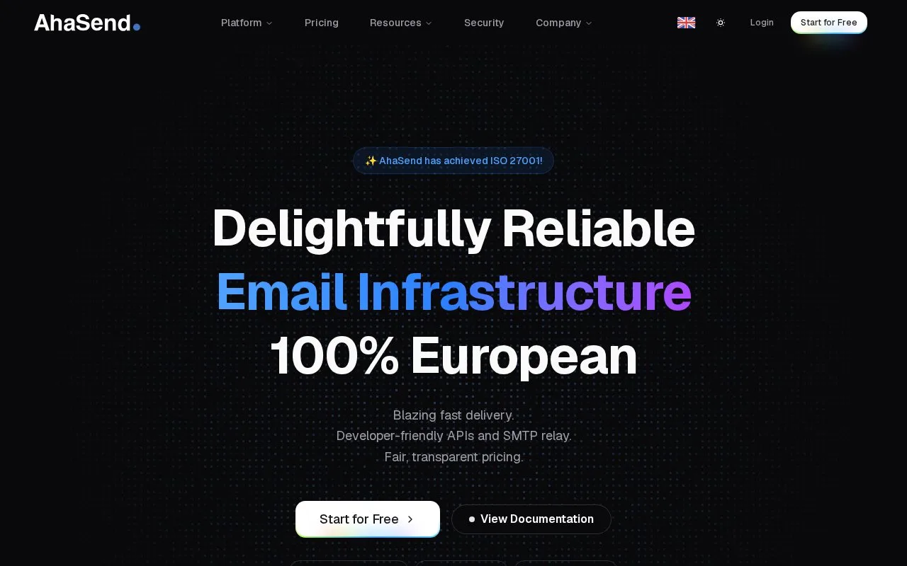 Screenshot of the AhaSend homepage