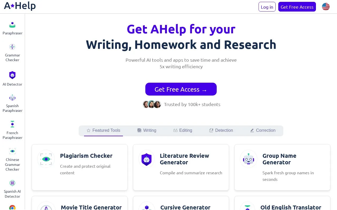 Screenshot of the AHelp homepage