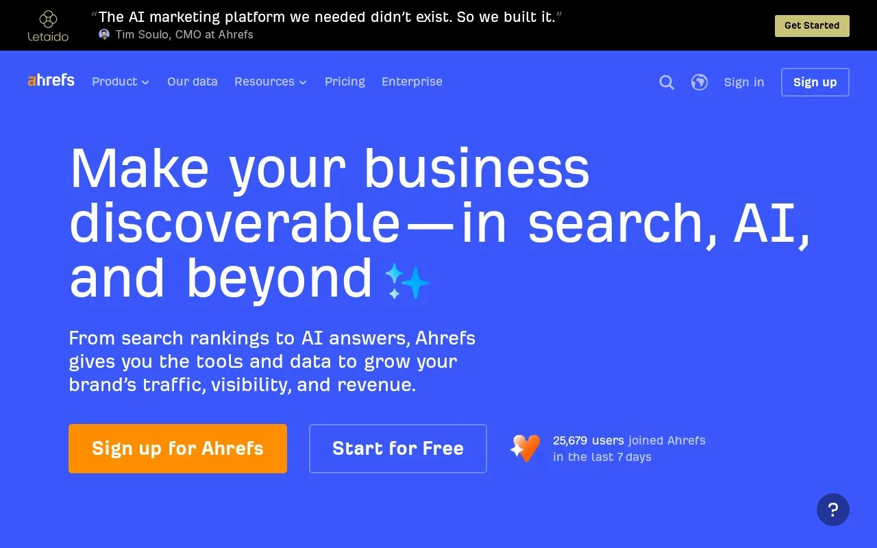 Screenshot of the Ahrefs homepage