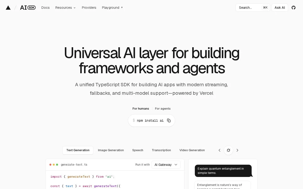 Screenshot of the AI SDK homepage