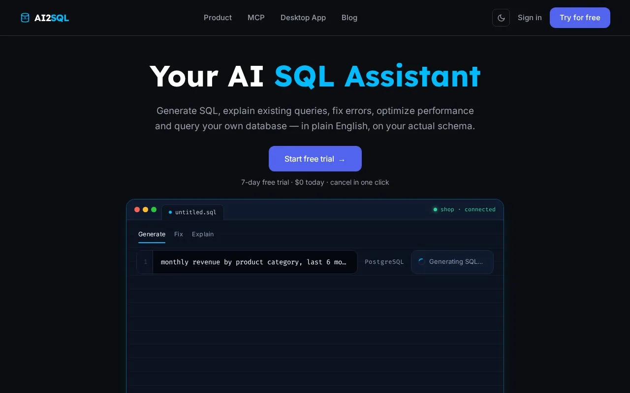 Screenshot of the AI2SQL homepage