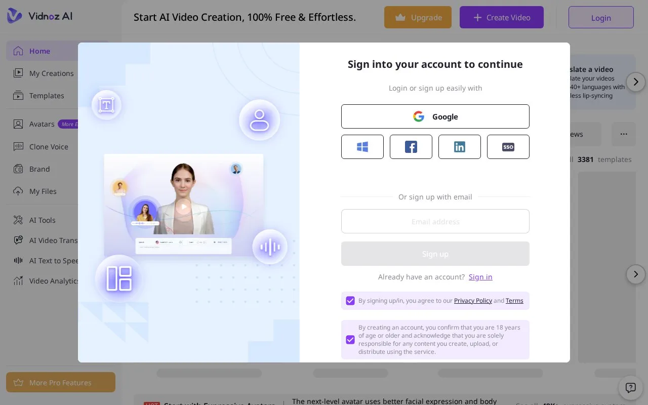 Screenshot of the Vidnoz AI homepage