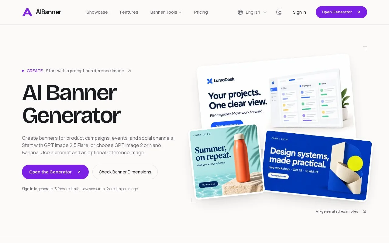 Screenshot of the AIBanner homepage