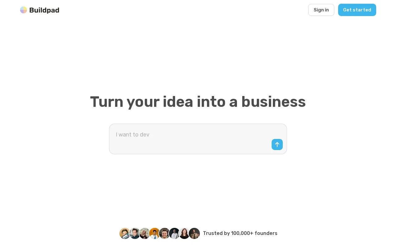 Screenshot of the Buildpad homepage