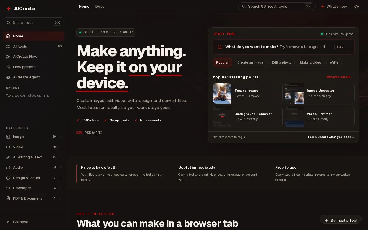 Screenshot of the AICreate homepage
