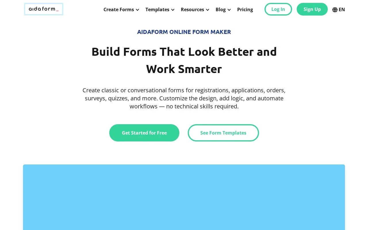 Screenshot of the AidaForm homepage