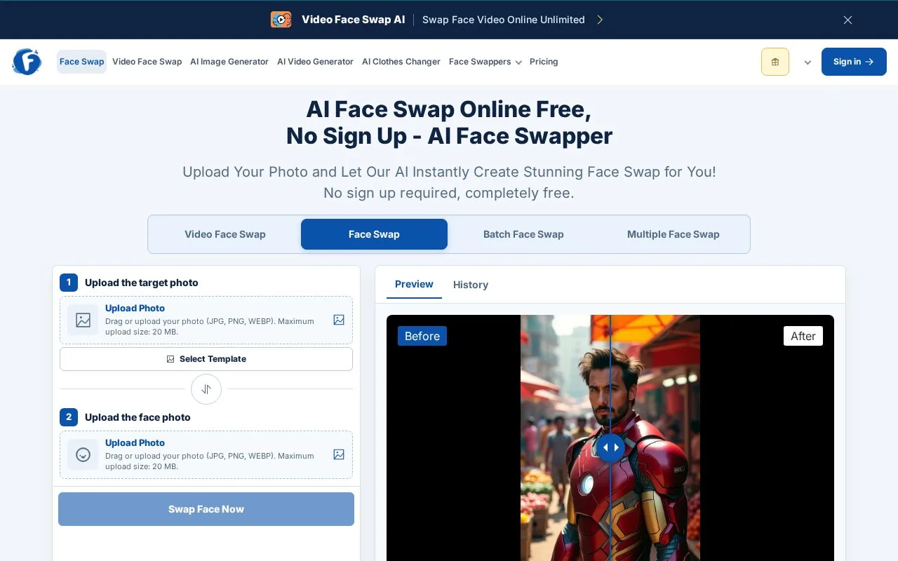 Screenshot of the AI Face Swapper homepage