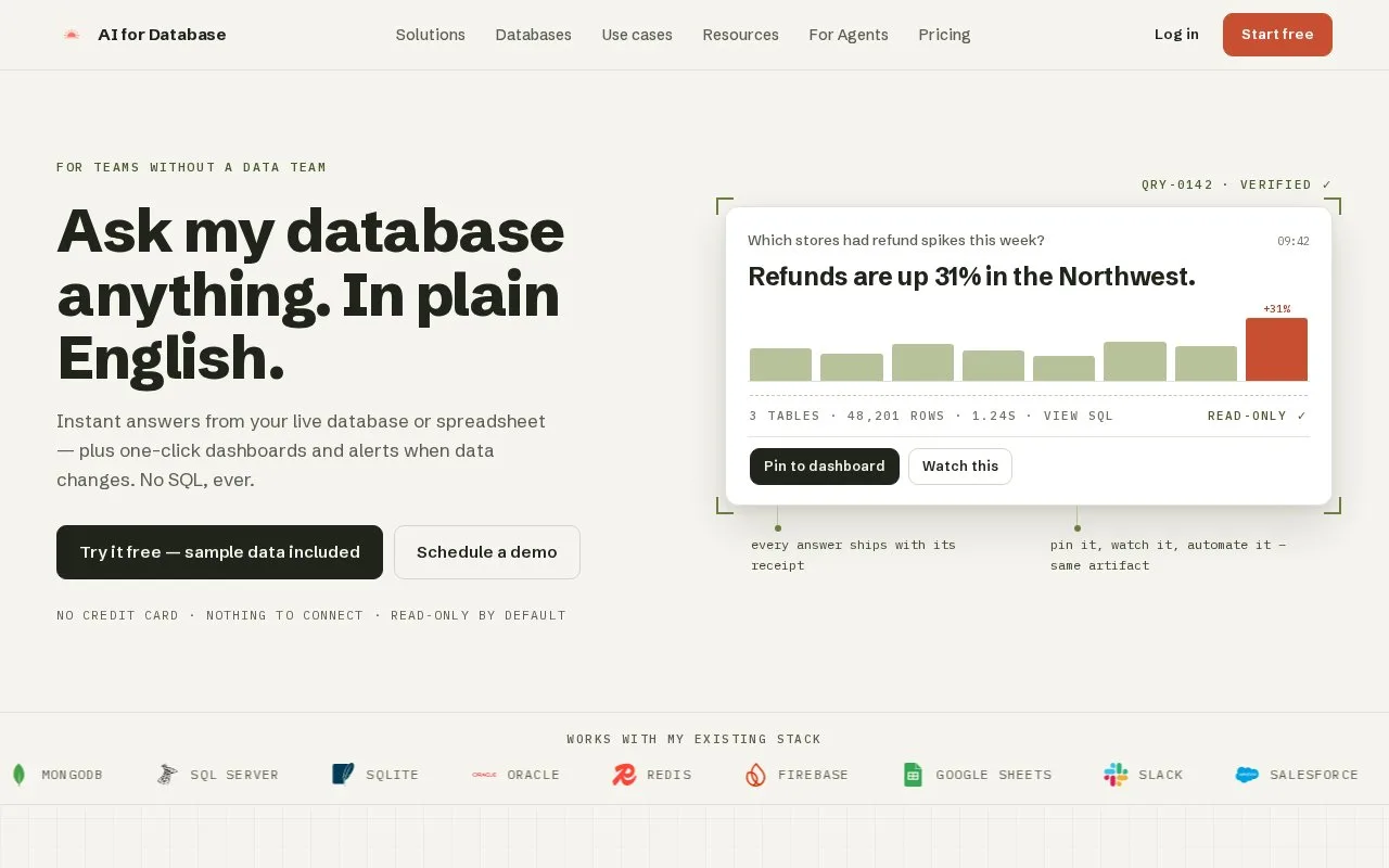 Screenshot of the AI for Database homepage