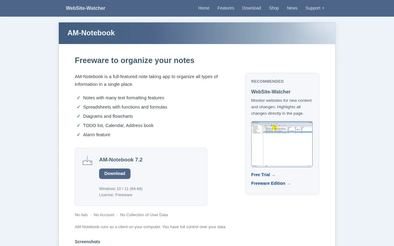 Screenshot of the AM-Notebook homepage