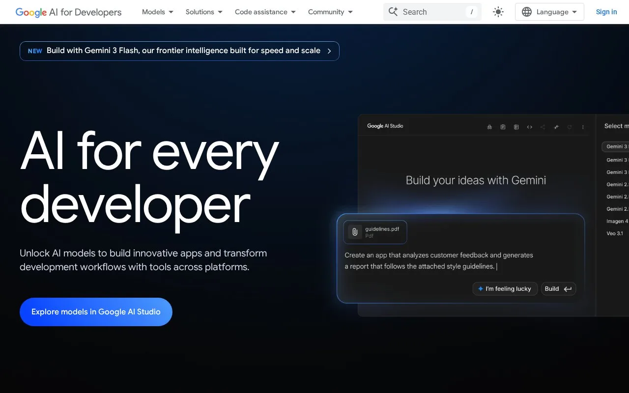 Screenshot of the Google AI for Developers homepage