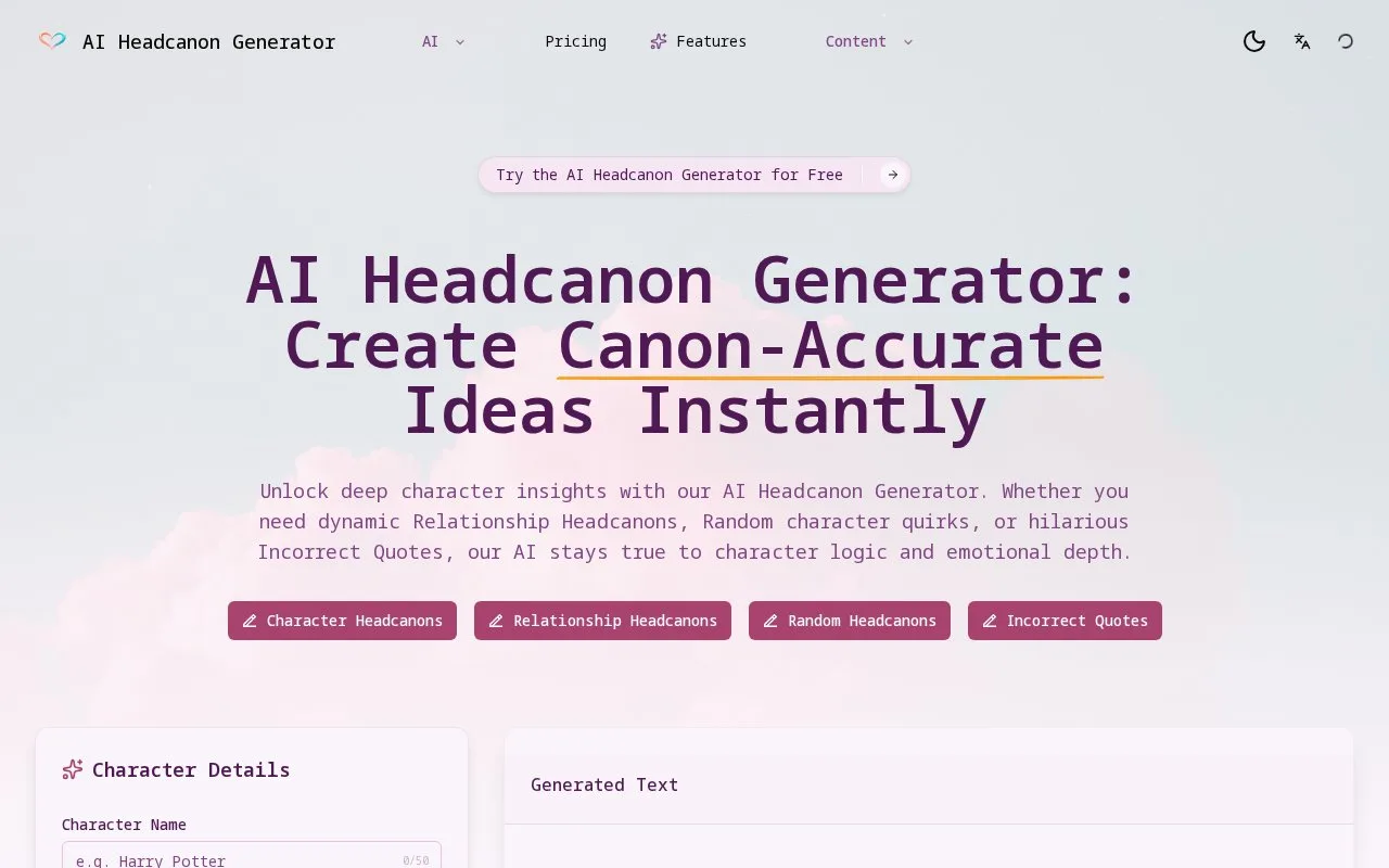 Screenshot of the AI Headcanon Generator homepage