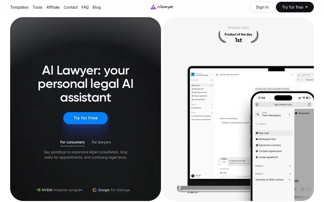 Screenshot of the AI Lawyer homepage