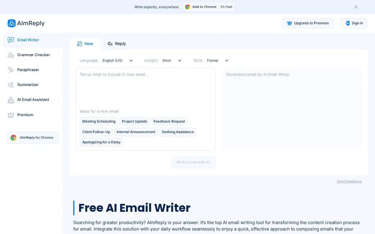 Screenshot of the AImReply homepage