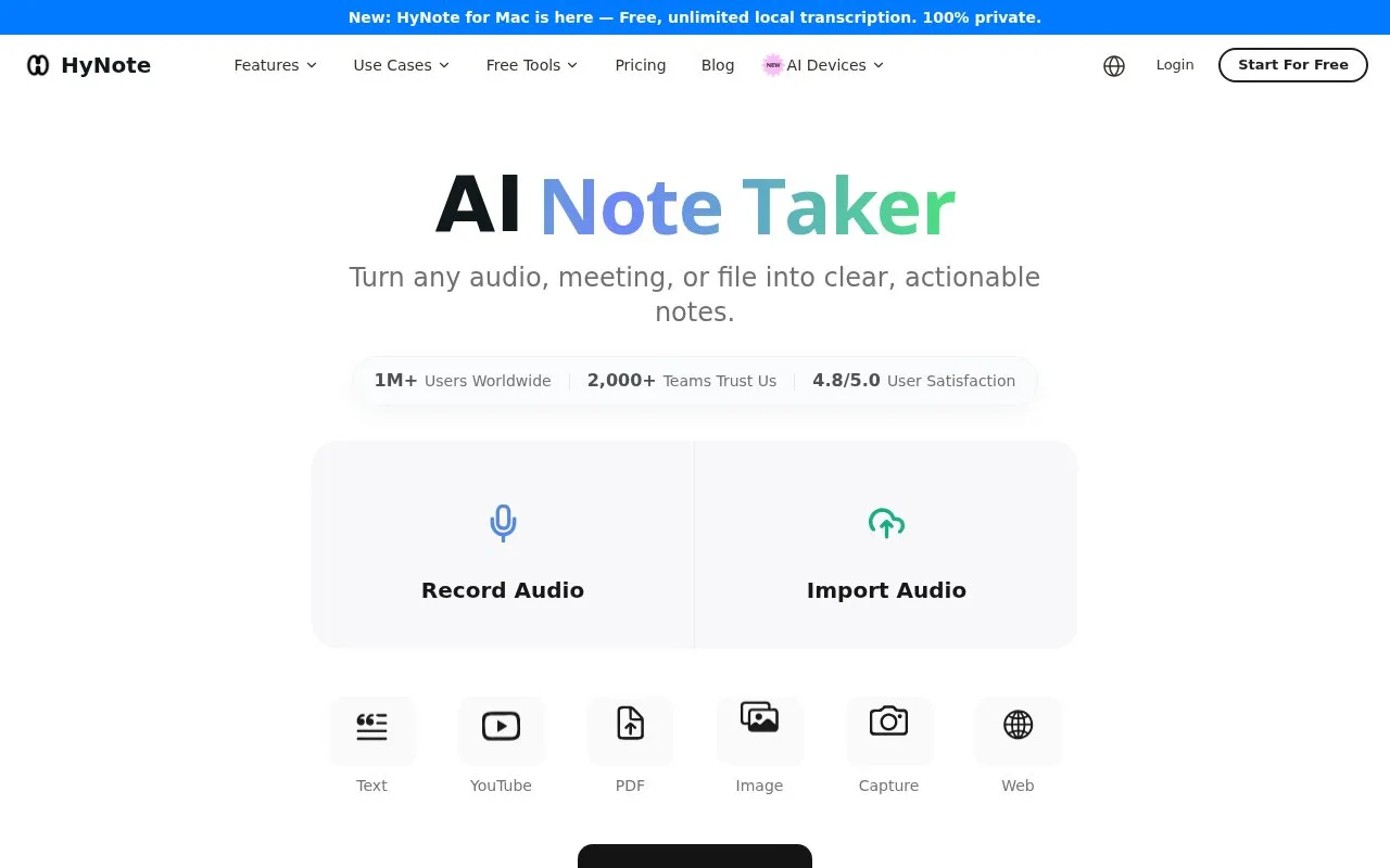 Screenshot of the HyNote homepage