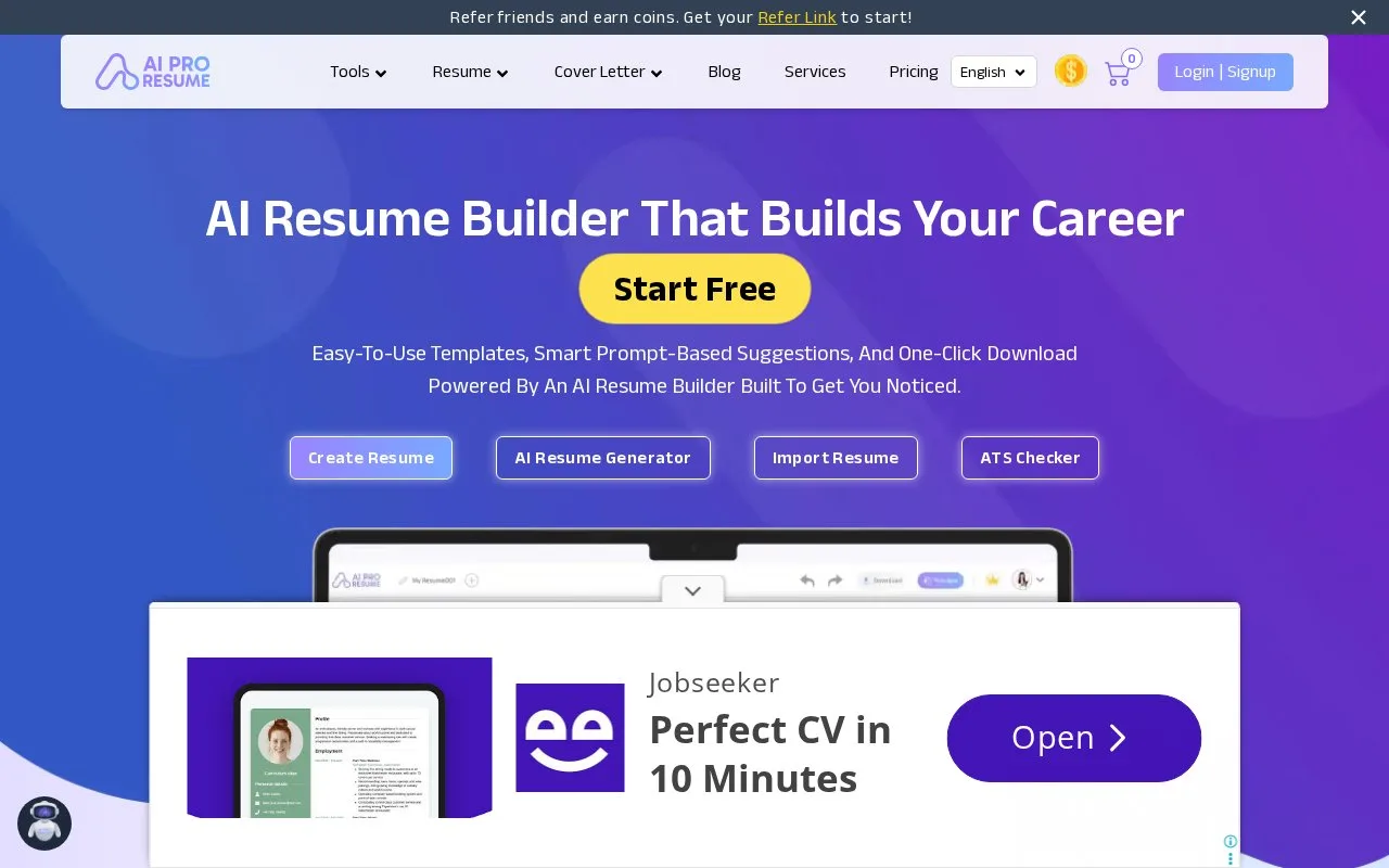 Screenshot of the AI Pro Resume homepage