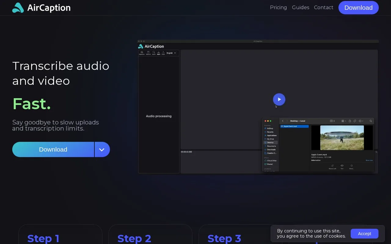 Screenshot of the AirCaption homepage