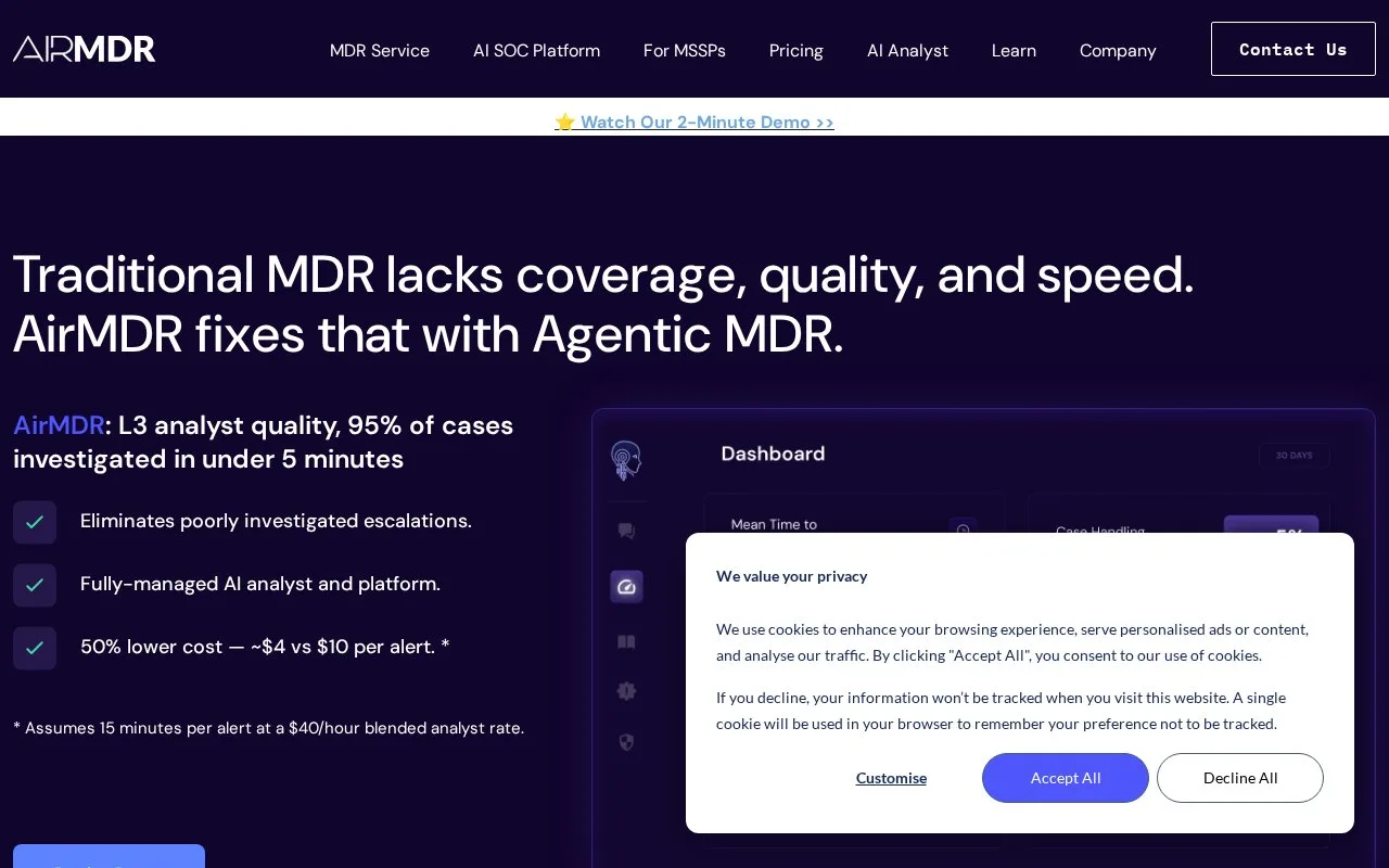 Screenshot of the AirMDR homepage