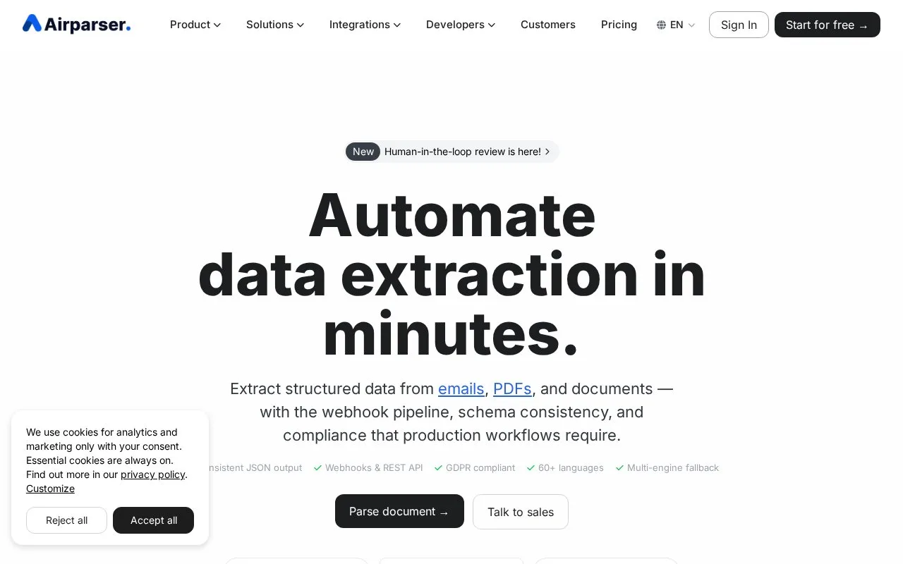 Screenshot of the Airparser homepage