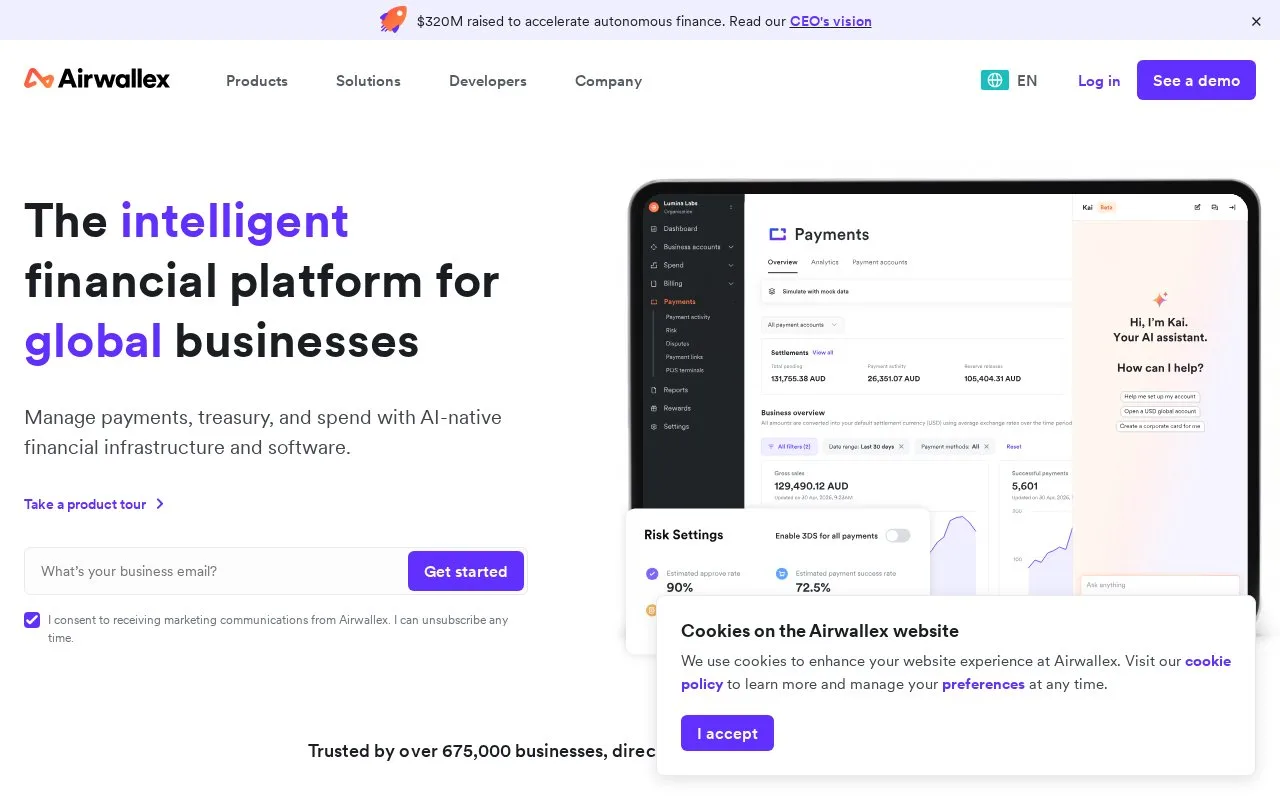 Screenshot of the Airwallex homepage