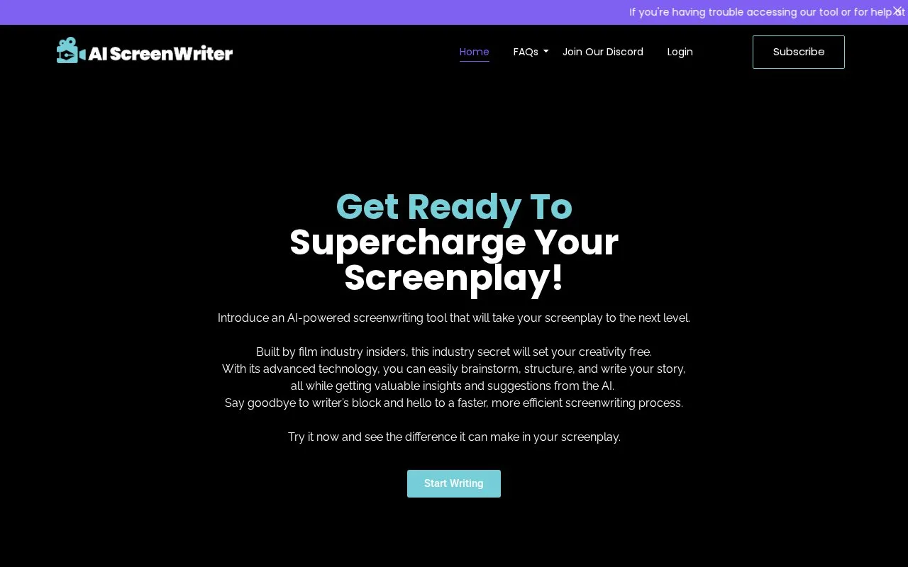 Screenshot of the AI ScreenWriter homepage