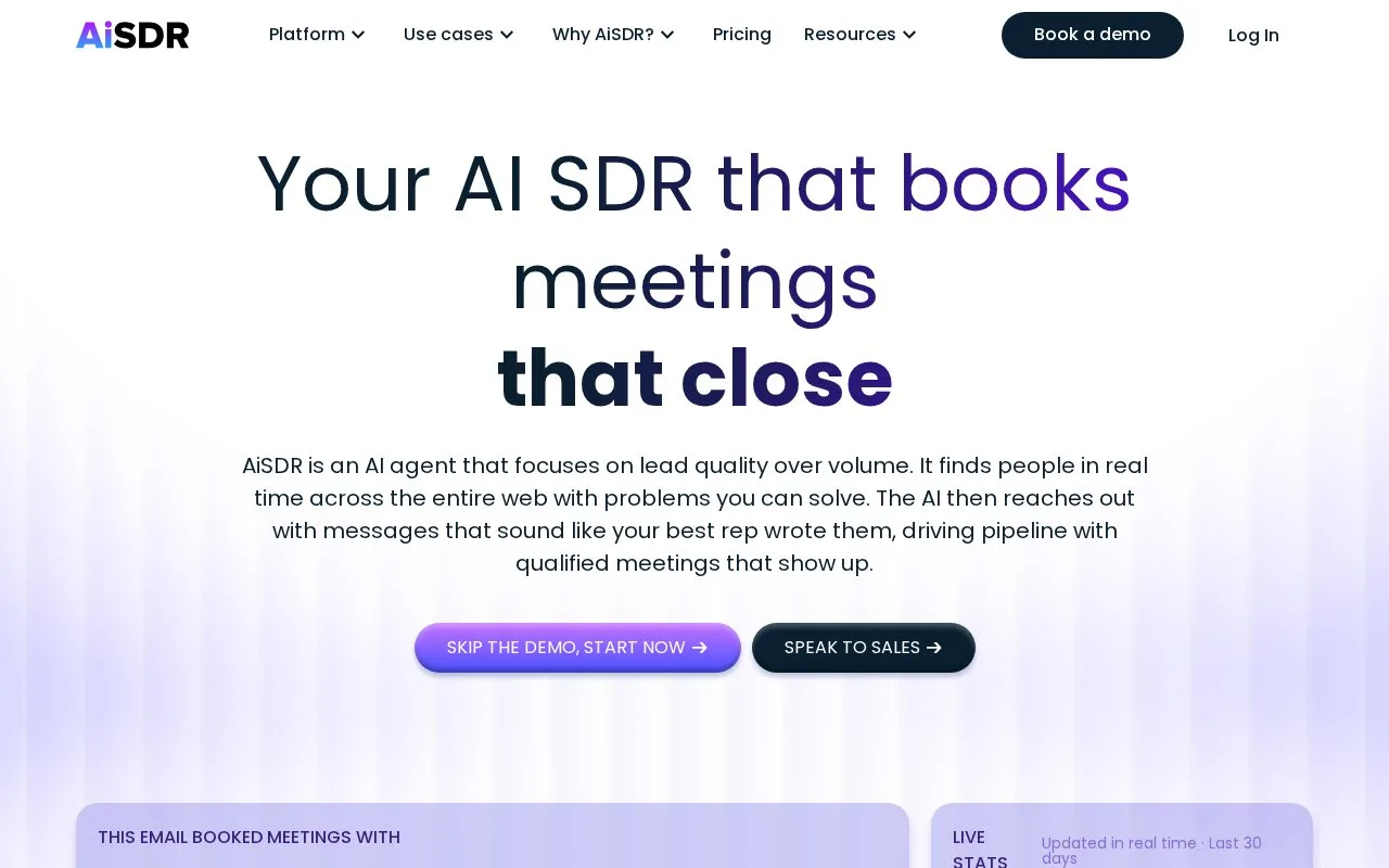 Screenshot of the AiSDR homepage