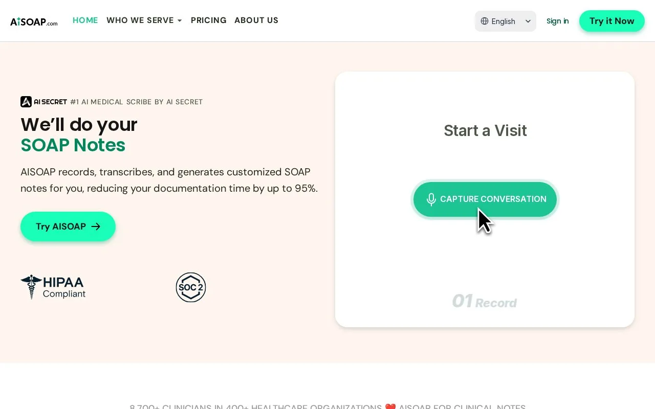 Screenshot of the AiSOAP homepage