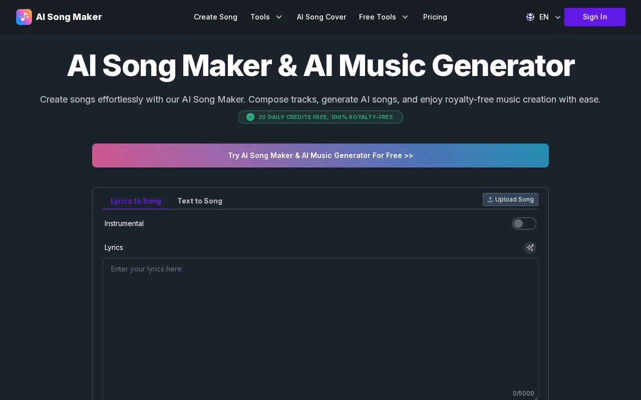 Screenshot of the AI Song Maker homepage