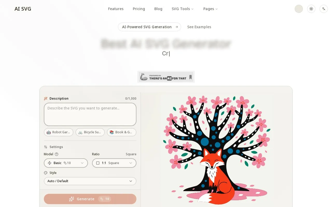 Screenshot of the AI SVG homepage