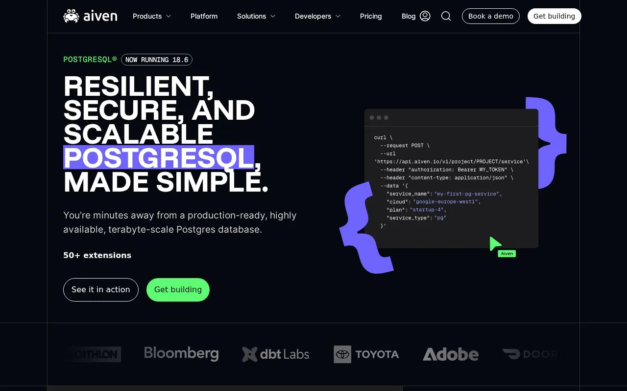 Screenshot of the Aiven for PostgreSQL homepage
