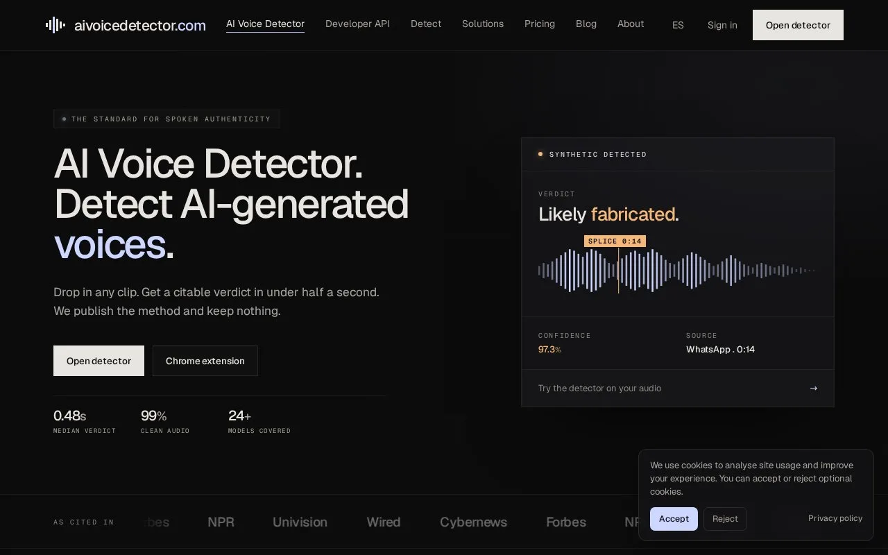 Screenshot of the AI Voice Detector homepage