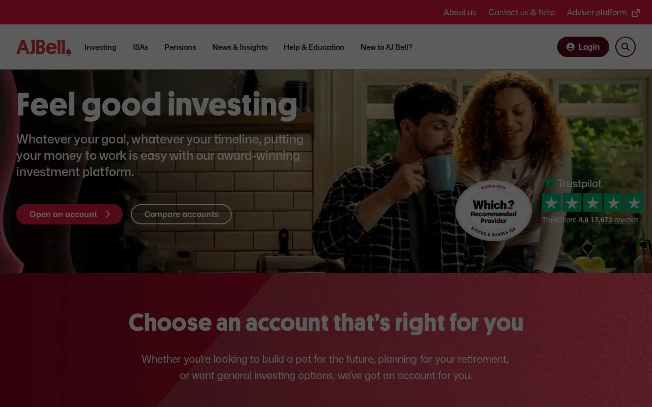 Screenshot of the AJ Bell homepage
