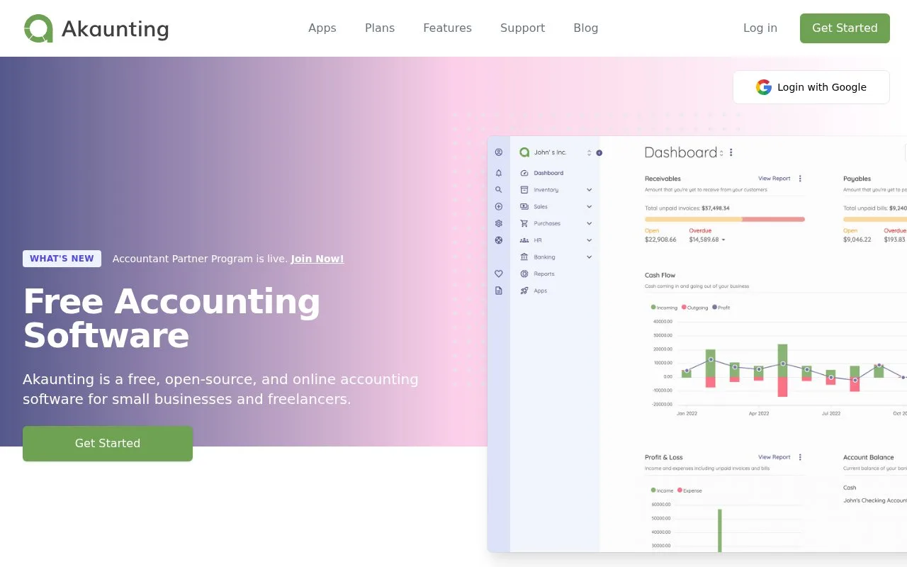 Screenshot of the Akaunting homepage