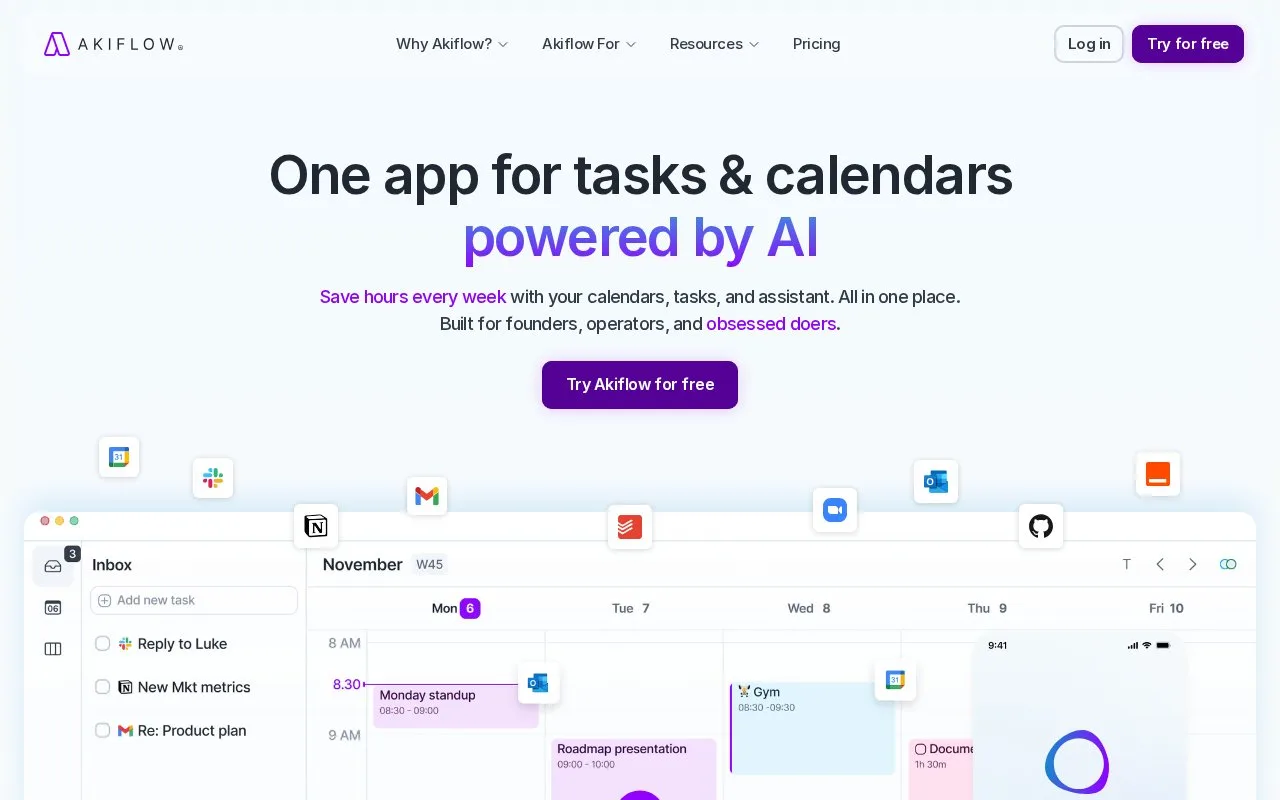 Screenshot of the Akiflow homepage