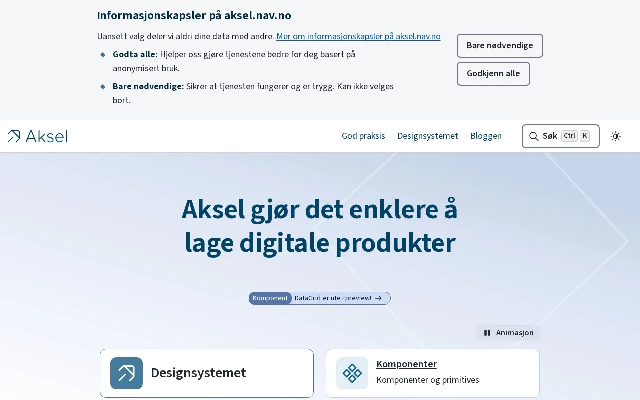 Screenshot of the Aksel homepage