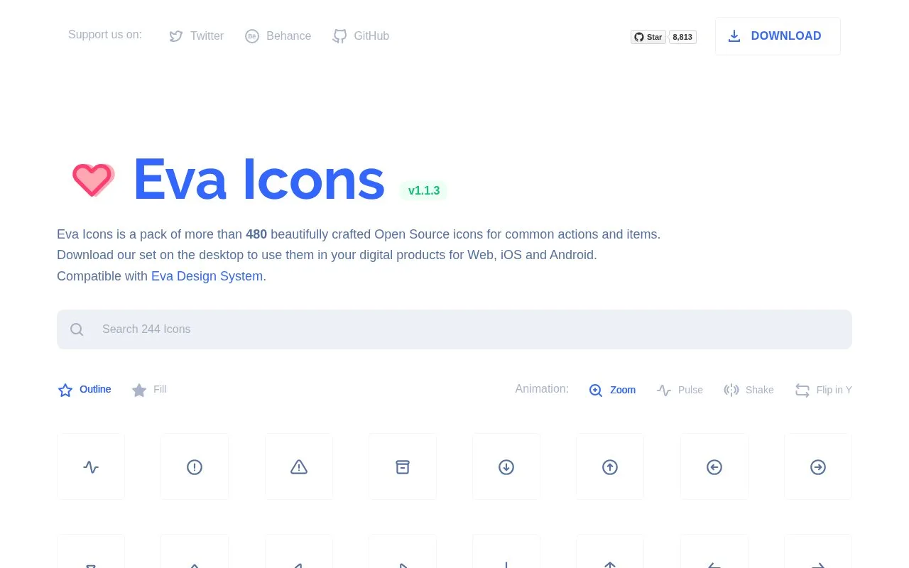 Screenshot of the Eva Icons homepage
