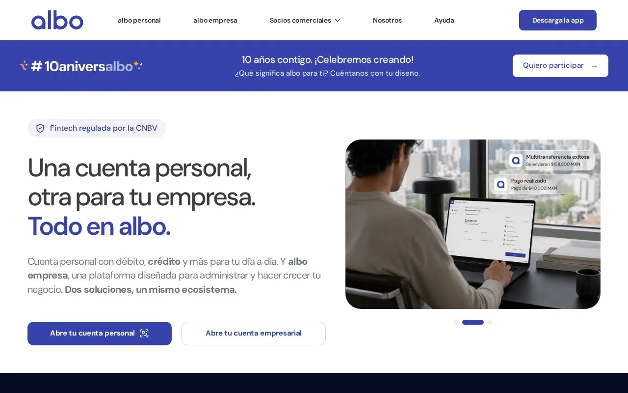 Screenshot of the albo homepage