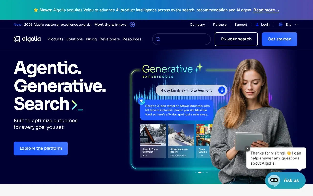 Screenshot of the Algolia homepage