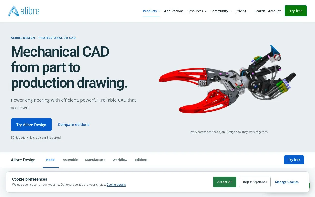 Screenshot of the Alibre Design homepage
