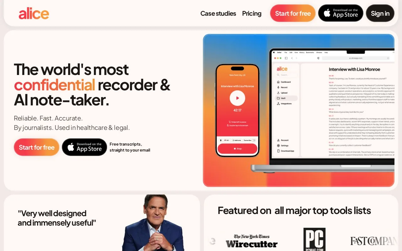 Screenshot of the Alice Recorder homepage