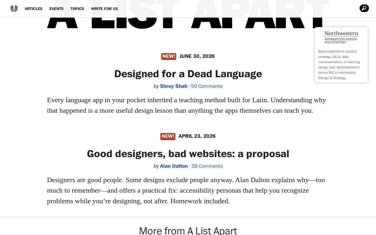 Screenshot of the A List Apart homepage