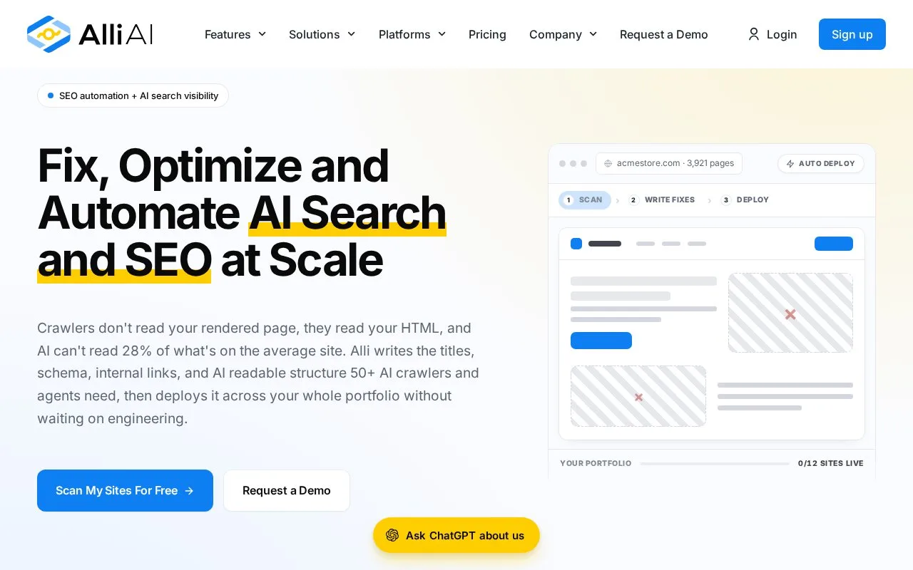 Screenshot of the Alli AI homepage