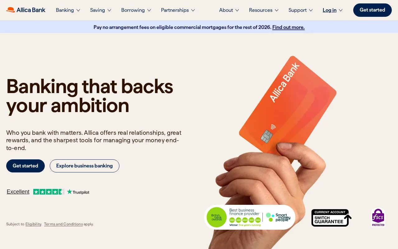 Screenshot of the Allica Bank homepage