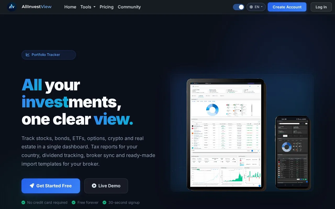 Screenshot of the AllInvestView homepage