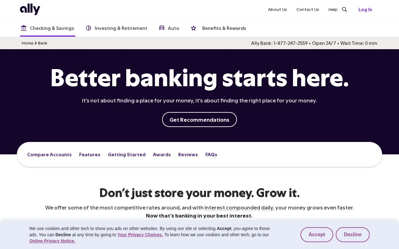 Screenshot of the Ally Bank homepage