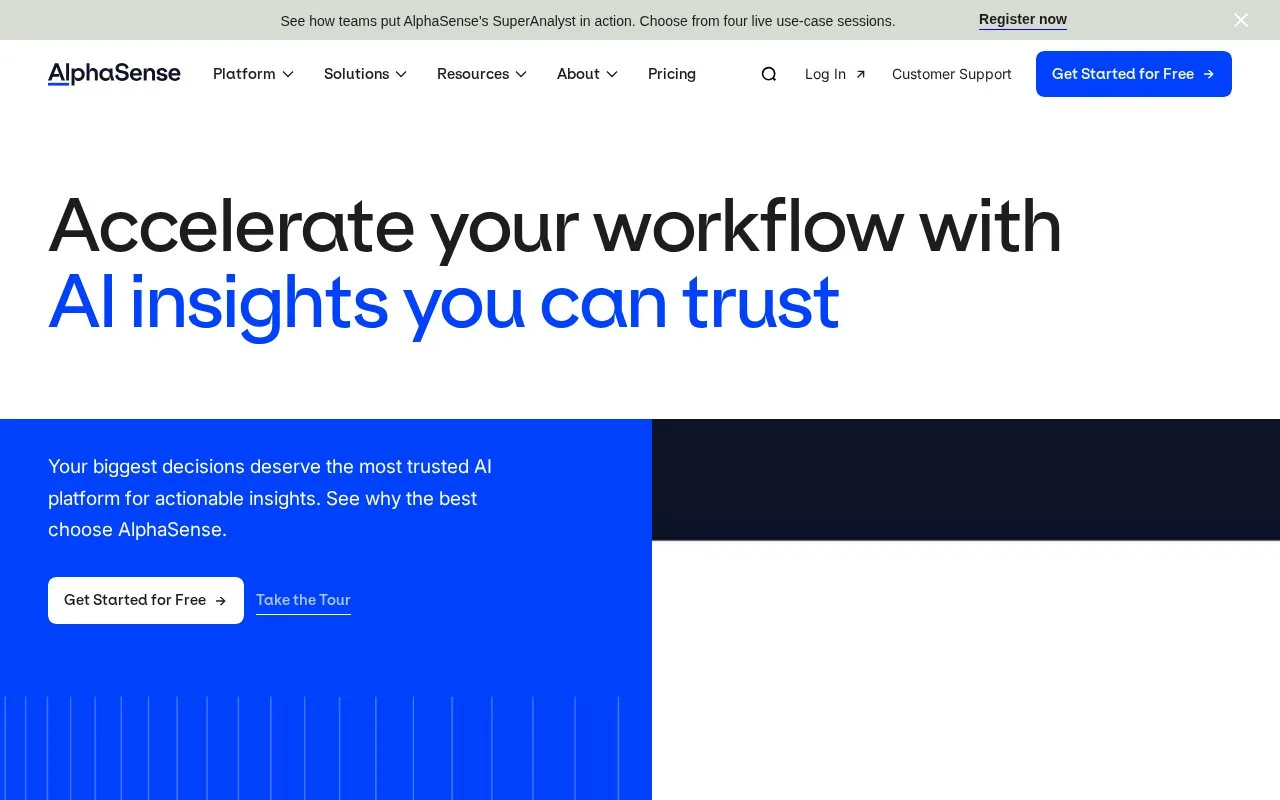 Screenshot of the AlphaSense homepage