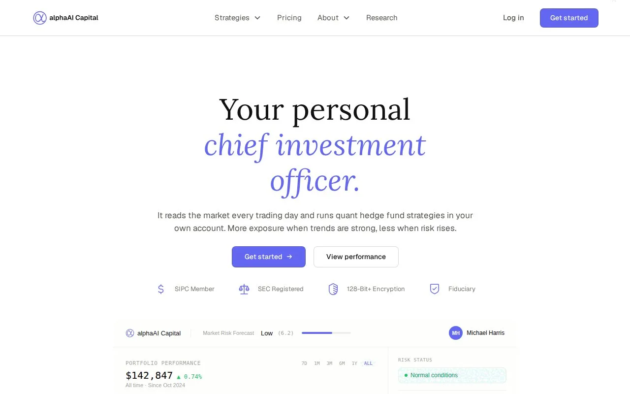 Screenshot of the alphaAI Capital homepage