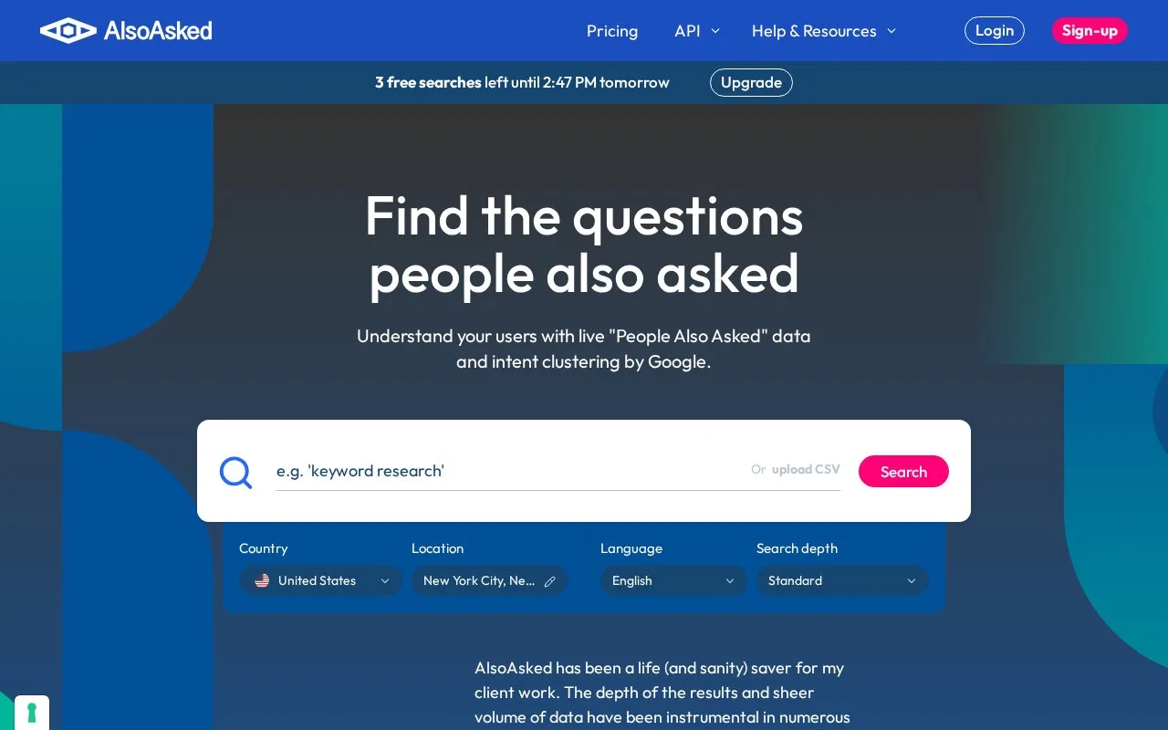 Screenshot of the AlsoAsked homepage